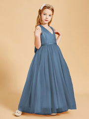 Abiti Damigella Junior In Tulle Top In Raso Fiocco Glamour Blu Ardesia