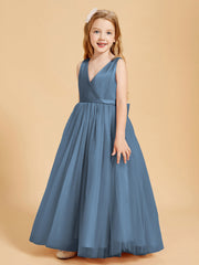 Abiti Damigella Junior In Tulle Top In Raso Fiocco Glamour Blu Ardesia
