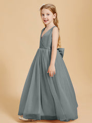 Abiti Damigella Junior In Tulle Top In Raso Fiocco Glamour Grigio Acciaio