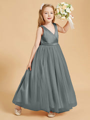 Abiti Damigella Junior In Tulle Top In Raso Fiocco Glamour Grigio Acciaio