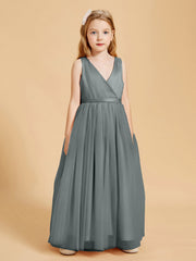 Abiti Damigella Junior In Tulle Top In Raso Fiocco Glamour Grigio Acciaio