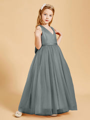Abiti Damigella Junior In Tulle Top In Raso Fiocco Glamour Grigio Acciaio