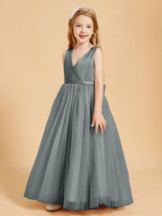 Abiti Damigella Junior In Tulle Top In Raso Fiocco Glamour Grigio Acciaio