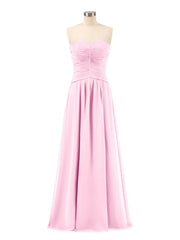 Abito da Damigella in Chiffon Senza Spalline Scollo a Cuore Rosa Bonbon