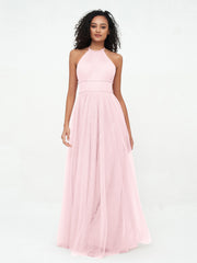 Abito Maxi Boho in Tulle con Scollo all'Americana Illusion Rosa Cipria