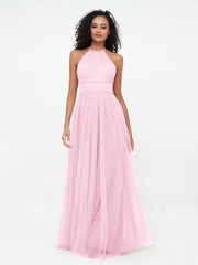 Abito Maxi Boho in Tulle con Scollo all'Americana Illusion Rosa Bonbon