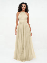 Abito Maxi Boho in Tulle con Scollo all'Americana Illusion Champagne