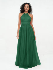 Abito Maxi Boho in Tulle con Scollo all'Americana Illusion Verde Scuro