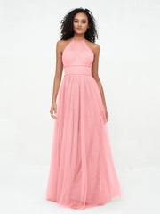 Abito Maxi Boho in Tulle con Scollo all'Americana Illusion Fenicottero