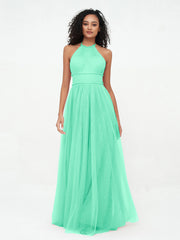 Abito Maxi Boho in Tulle con Scollo all'Americana Illusion Turchese