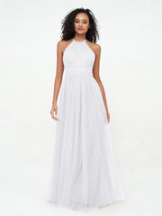 Abito Maxi Boho in Tulle con Scollo all'Americana Illusion Bianco