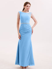 Abito a Tubino in Chiffon con Cintura Decorata con Perline Blu