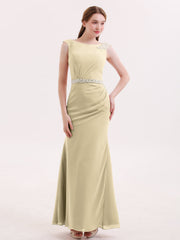 Abito a Tubino in Chiffon con Cintura Decorata con Perline Champagne