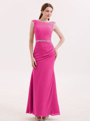 Abito a Tubino in Chiffon con Cintura Decorata con Perline Fucsia