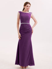 Abito a Tubino in Chiffon con Cintura Decorata con Perline Viola