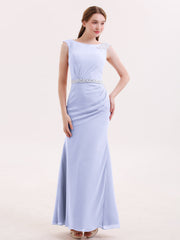 Abito a Tubino in Chiffon con Cintura Decorata con Perline Lavanda