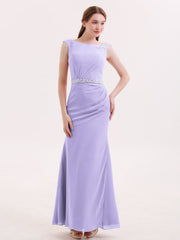 Abito a Tubino in Chiffon con Cintura Decorata con Perline Lilla