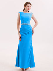Abito a Tubino in Chiffon con Cintura Decorata con Perline Blu Oceano
