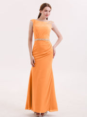 Abito a Tubino in Chiffon con Cintura Decorata con Perline Arancio