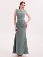 Abito a Tubino in Chiffon con Cintura Decorata con Perline Grigio Acciaio