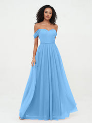 Abito da Principessa in Tulle Spalle Scoperte con Fiocco in Vita Blu