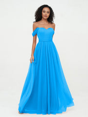 Abito da Principessa in Tulle Spalle Scoperte con Fiocco in Vita Blu Oceano