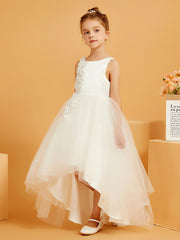 Abito Lungo Da Damigella In Tulle/Raso Con Scollo Rotondo E Fiori 3D