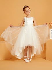 Abito Lungo Da Damigella In Tulle/Raso Con Scollo Rotondo E Fiori 3D