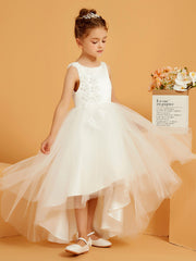 Abito Lungo Da Damigella In Tulle/Raso Con Scollo Rotondo E Fiori 3D