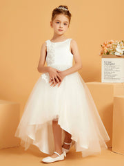 Abito Lungo Da Damigella In Tulle/Raso Con Scollo Rotondo E Fiori 3D