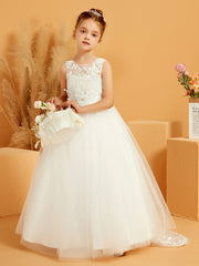 Abito Da Damigella Con Corpino In Pizzo E Gonna In Tulle Con Fiocco