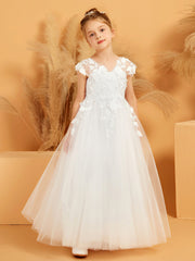 Abito Da Damigella In Tulle Stile Ball-Gown Con Scollo A V E Applicazioni Floreali
