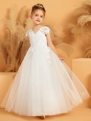 Abito Da Damigella In Tulle Stile Ball-Gown Con Scollo A V E Applicazioni Floreali