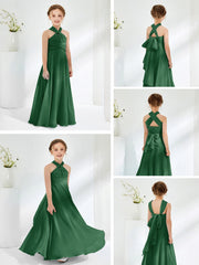 Abiti Damigella Junior Linea A Senza Maniche Con Collo Halter Verde Scuro