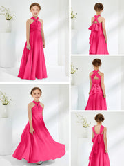Abiti Damigella Junior Linea A Senza Maniche Con Collo Halter Fucsia