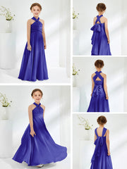 Abiti Damigella Junior Linea A Senza Maniche Con Collo Halter Blu Royal
