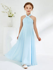 Abiti Damigella Junior Linea A Senza Maniche Con Collo Halter Blu Cielo