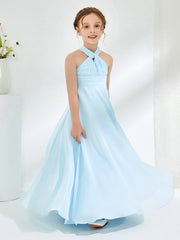 Abiti Damigella Junior Linea A Senza Maniche Con Collo Halter Blu Cielo
