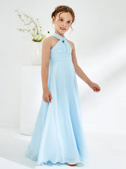 Abiti Damigella Junior Linea A Senza Maniche Con Collo Halter Blu Cielo