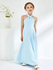Abiti Damigella Junior Linea A Senza Maniche Con Collo Halter Blu Cielo