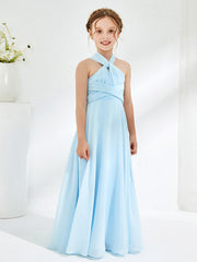 Abiti Damigella Junior Linea A Senza Maniche Con Collo Halter Blu Cielo