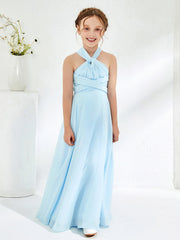 Abiti Damigella Junior Linea A Senza Maniche Con Collo Halter Blu Cielo