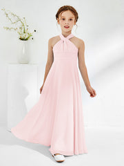 Abiti Damigella Junior Linea A Senza Maniche Con Collo Halter Rosa Cipria