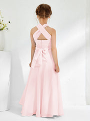 Abiti Damigella Junior Linea A Senza Maniche Con Collo Halter Rosa Cipria