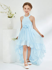 Abiti Damigella Junior Linea A Asimmetrica Con Fiore Blu Cielo