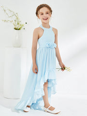 Abiti Damigella Junior Linea A Asimmetrica Con Fiore Blu Cielo