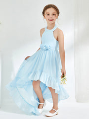 Abiti Damigella Junior Linea A Asimmetrica Con Fiore Blu Cielo
