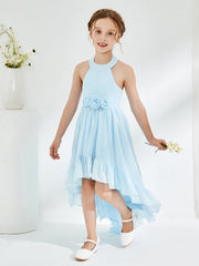 Abiti Damigella Junior Linea A Asimmetrica Con Fiore Blu Cielo