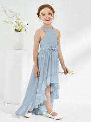 Abiti Damigella Junior Linea A Asimmetrica Con Fiore Azzurro Polvere