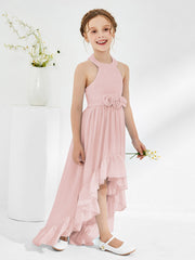 Abiti Damigella Junior Linea A Asimmetrica Con Fiore Rosa Polvere